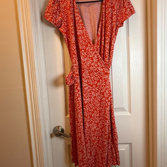 Boden Women’s Orange Wrap Knee Length Dress with Botanical Leaf Print Stretchy - Picture 6 of 12